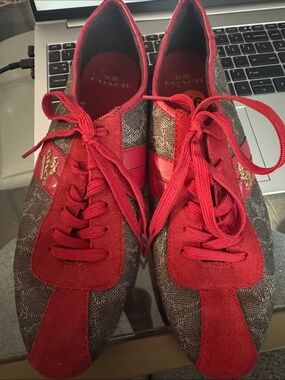 Coach Red and Brown Logo-Print Lace-Up Sneakers